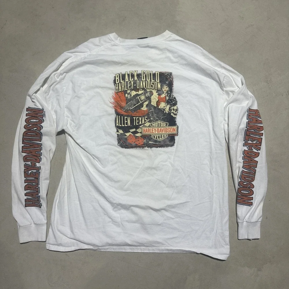 White Harley Davison Long Sleeve W/ Sleeve Hits Size 2XL Allen Texas *Stains*
